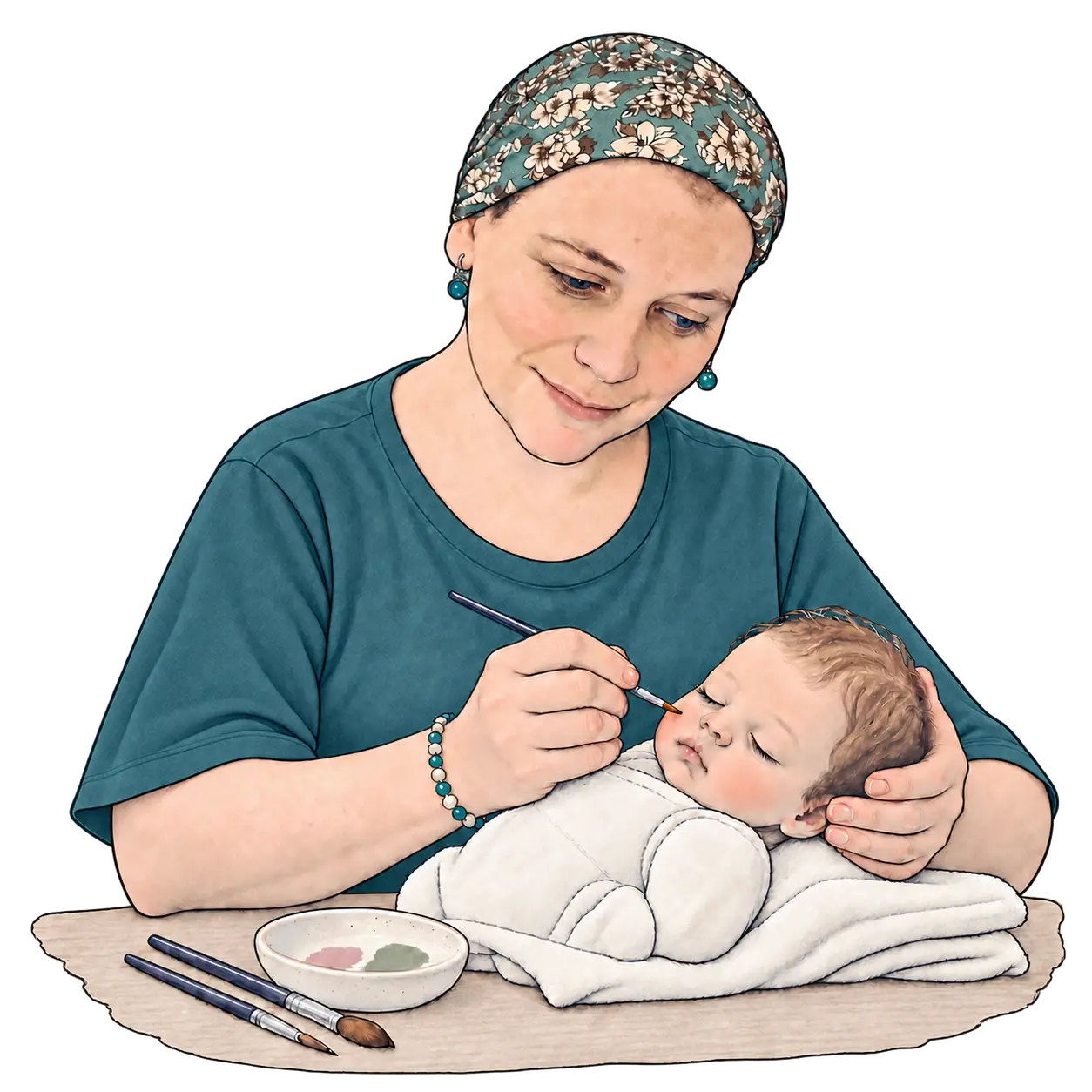 Illustration of Aya painting a reborn doll at her worktable