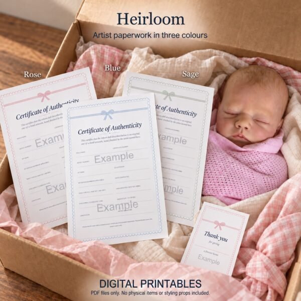 Heirloom artist paperwork in blue, rose and sage, styled with a reborn doll for a box opening. Styled mockup.