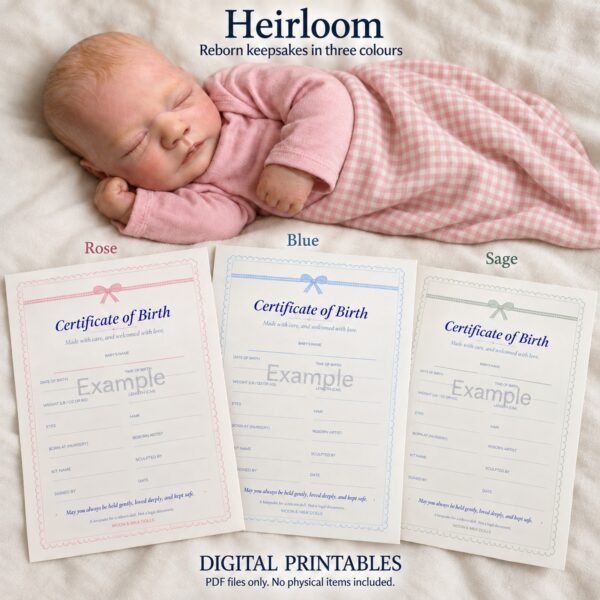 Heirloom collector printables in blue, rose and sage beside a sleeping reborn doll under a rose gingham blanket. Styled mockup.