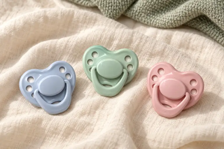 Baby blue, mint and pink HoneyBug magnetic dummies arranged on cream fabric.