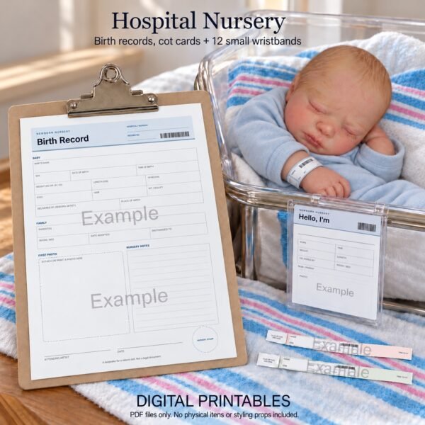 Hospital Nursery printable birth records, cot cards and a small wristband styled beside a reborn doll. Styled mockup.