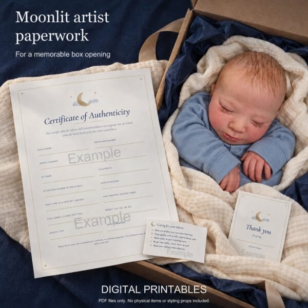 Moonlit artist printable certificates and matching cards arranged with a reborn doll for a box opening. Styled mockup.