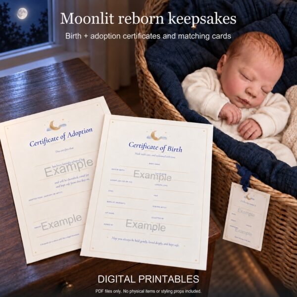 Moonlit reborn collector printables beside a sleeping reborn doll in a moonlit nursery. Styled mockup.