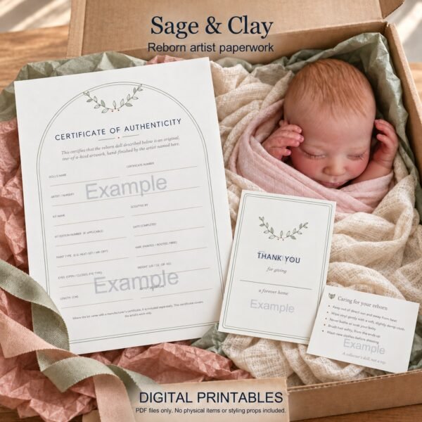 Sage and Clay artist certificates and matching cards arranged with a reborn doll for a box opening. Styled mockup.