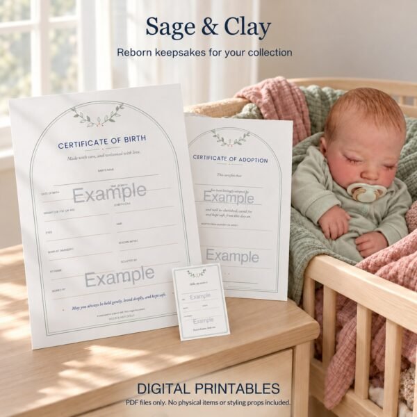 Sage and Clay collector printable certificates styled beside a sleeping reborn doll with soft botanical colours. Styled mockup.